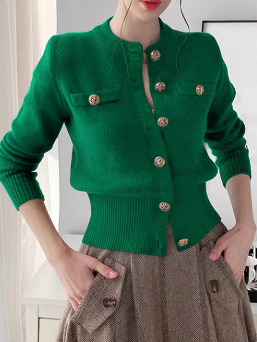 Green Casual Womens Long Sleeve Knitted Ribbed Button Front Faux Pocket Cardigan - Picture 3 of 5